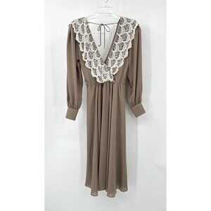 vintage 80s URSULA OF SWITZERLAND dress secretary lace v neck brown MEDIUM